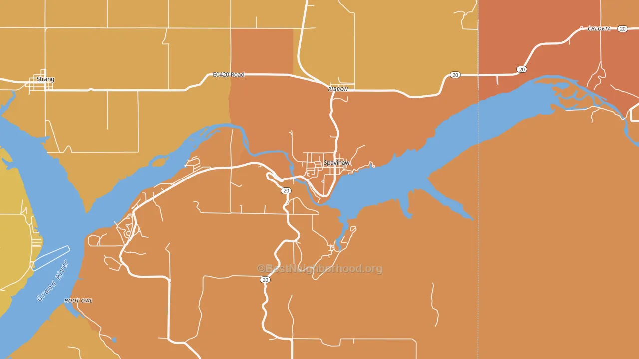 Map of the best neighborhoods in the Spavinaw area, with better matches in green and worse matches in red