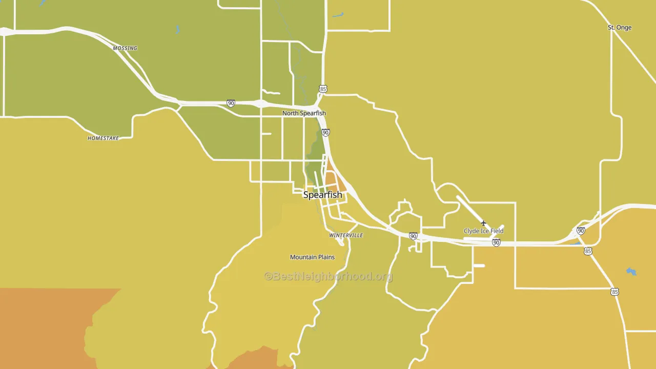 Map of the best neighborhoods in the Spearfish area, with better matches in green and worse matches in red