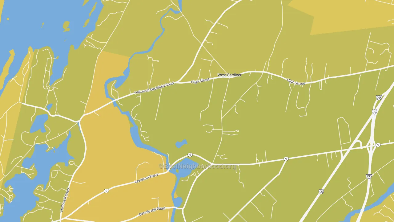 Map of the best neighborhoods in the Spears Corner area, with better matches in green and worse matches in red