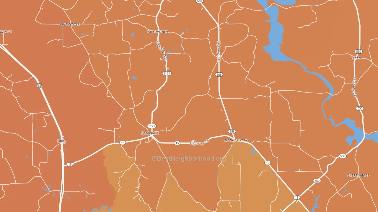 Map of the best neighborhoods in the Spearsville area, with better matches in green and worse matches in red