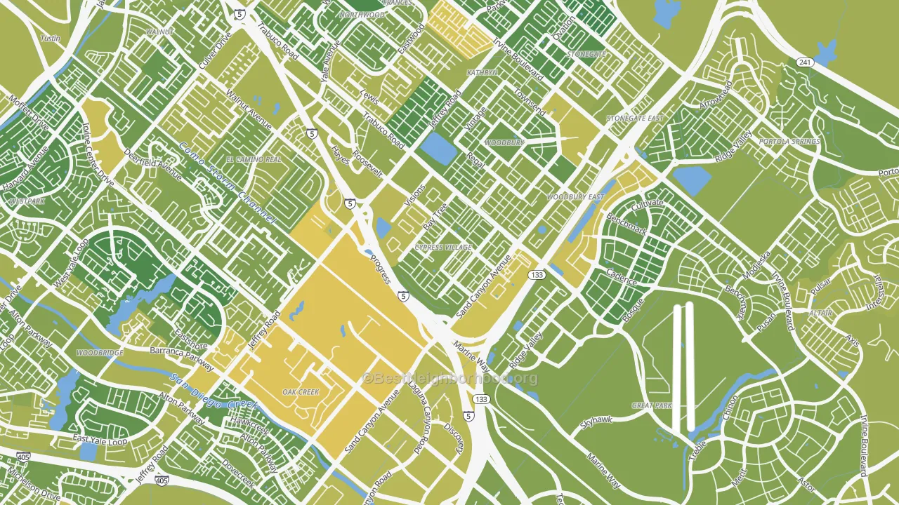 Map of the best neighborhoods in the Spectrum, Irvine area, with better matches in green and worse matches in red