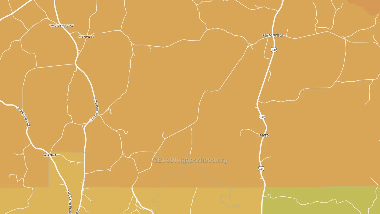 Map of the best neighborhoods in the Speed area, with better matches in green and worse matches in red