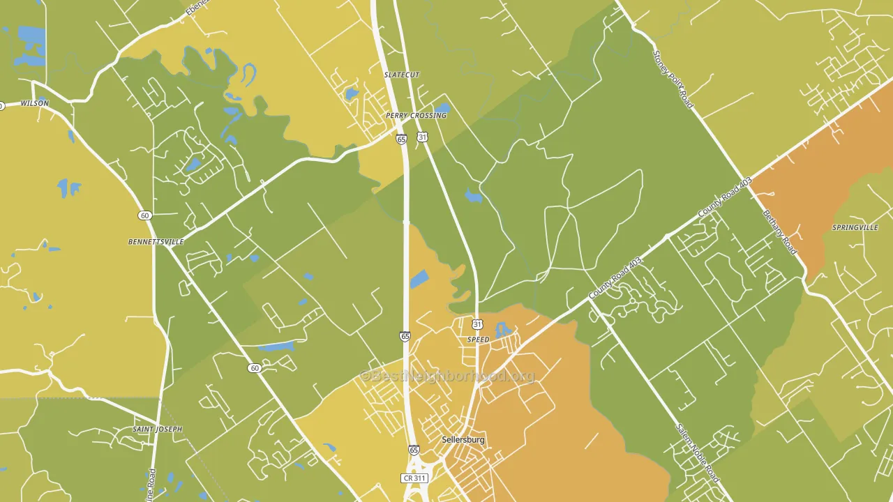 Map of the best neighborhoods in the Speed area, with better matches in green and worse matches in red