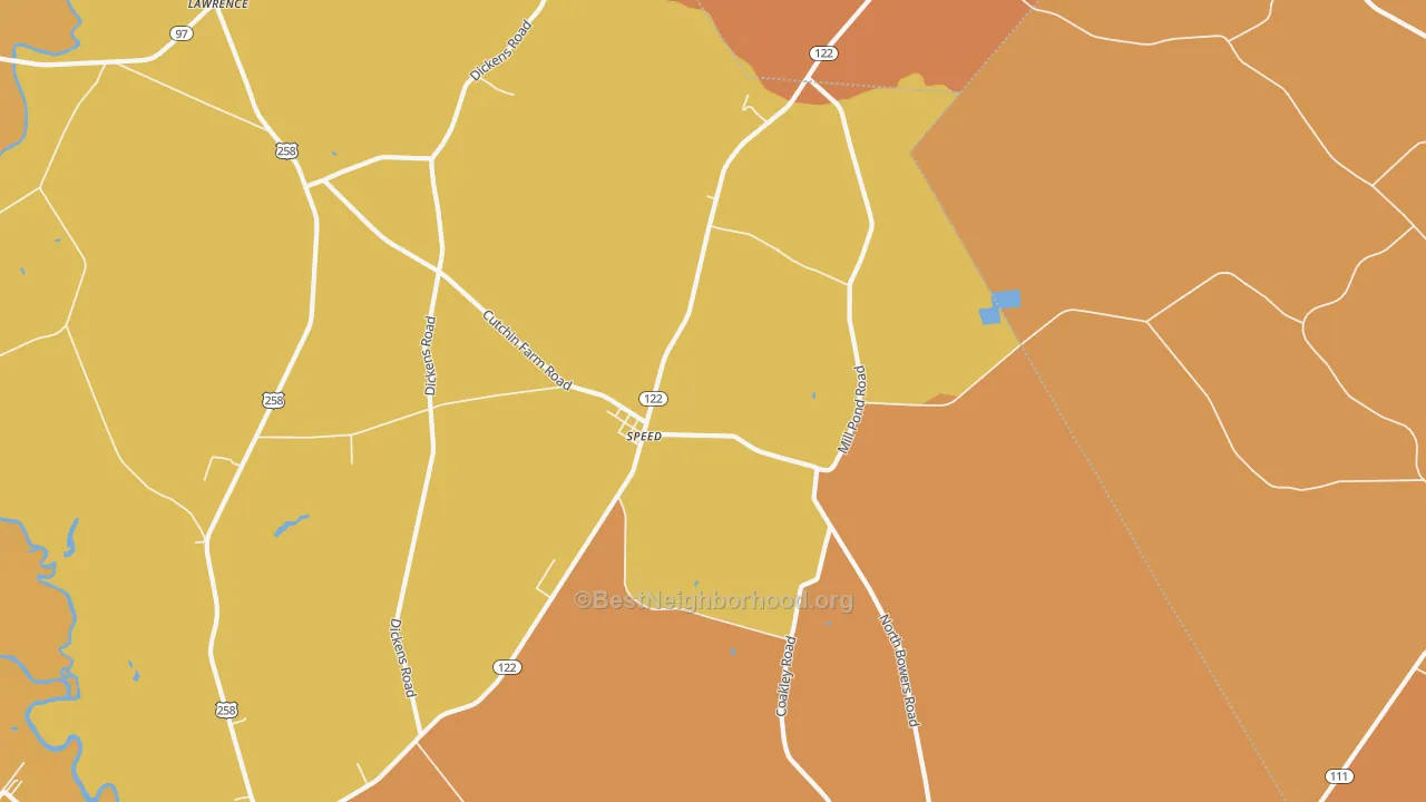 Map of the best neighborhoods in the Speed area, with better matches in green and worse matches in red