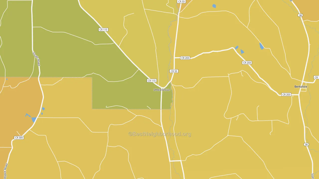 Map of the best neighborhoods in the Speedsville area, with better matches in green and worse matches in red