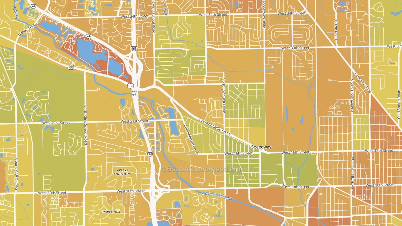 Map of the best neighborhoods in the Speedway area, with better matches in green and worse matches in red