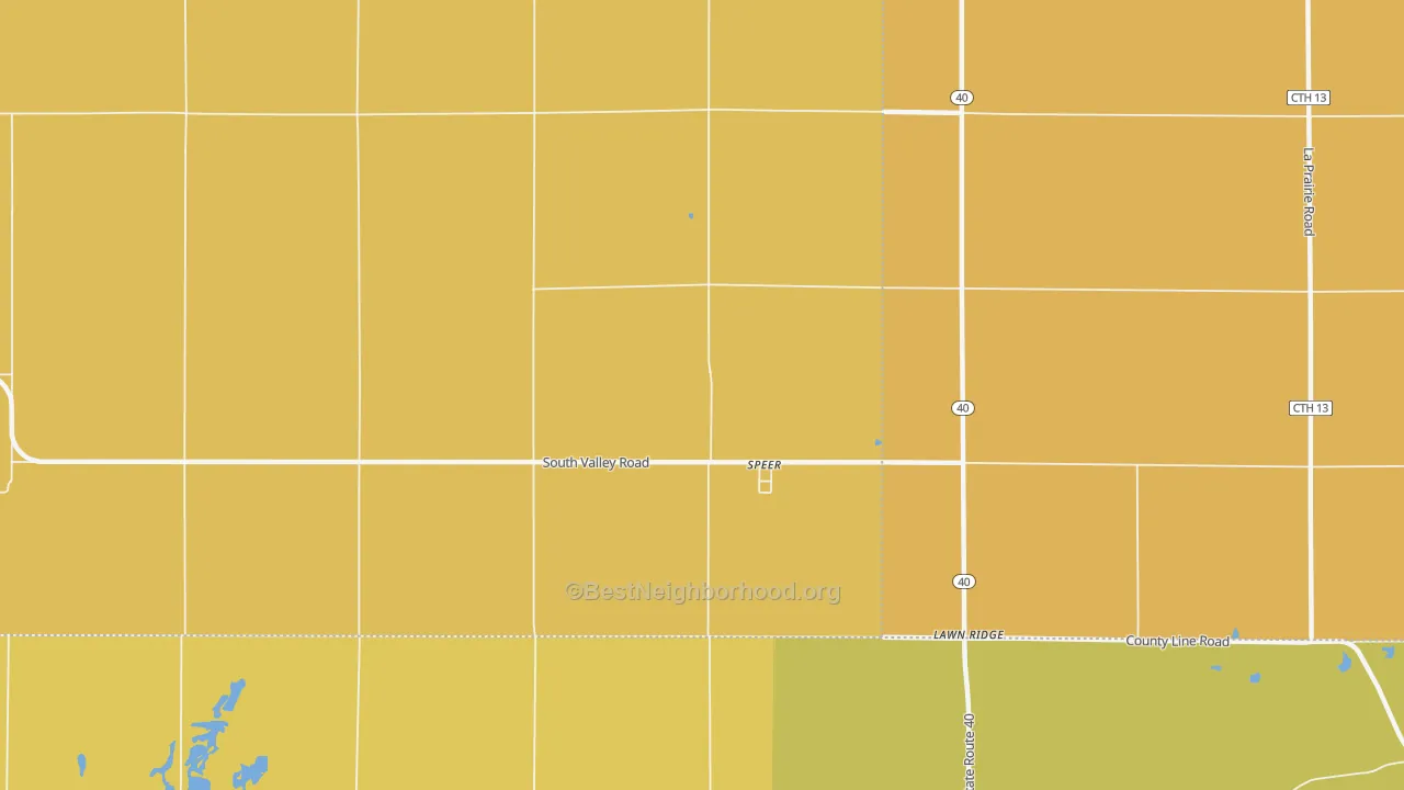 Map of the best neighborhoods in the Speer area, with better matches in green and worse matches in red