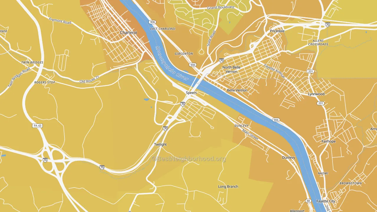 Map of the best neighborhoods in the Speers area, with better matches in green and worse matches in red