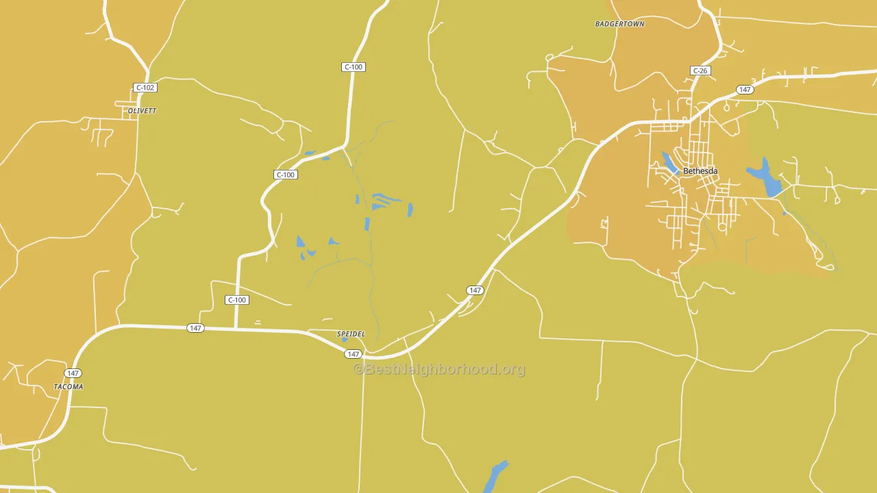 Map of the best neighborhoods in the Speidel area, with better matches in green and worse matches in red
