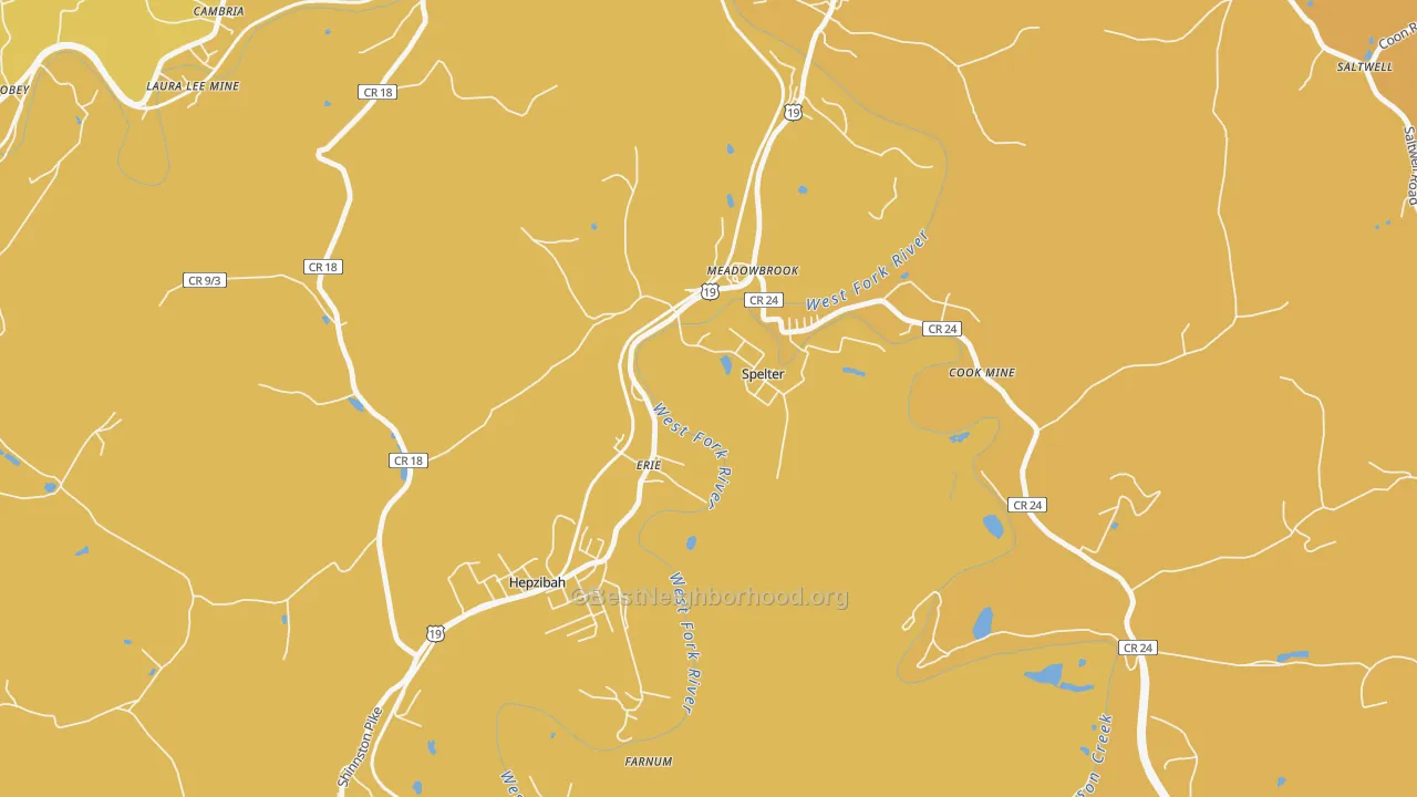 Map of the best neighborhoods in the Spelter area, with better matches in green and worse matches in red