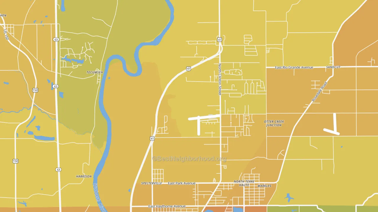 Map of the best neighborhoods in the Spelterville area, with better matches in green and worse matches in red