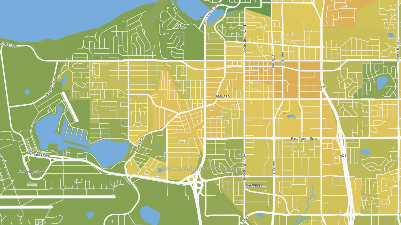 Map of the best neighborhoods in the Spenard, Anchorage area, with better matches in green and worse matches in red