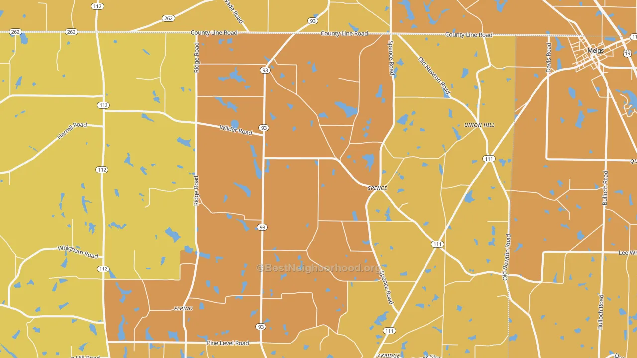 Map of the best neighborhoods in the Spence area, with better matches in green and worse matches in red