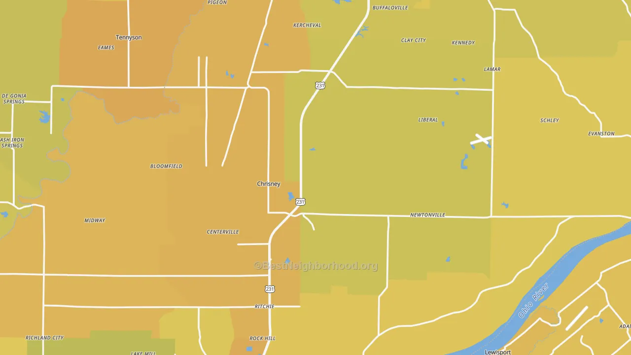 Map of the best neighborhoods in the Spencer County area, with better matches in green and worse matches in red