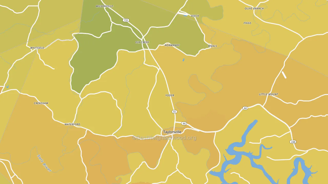 Map of the best neighborhoods in the Spencer County area, with better matches in green and worse matches in red