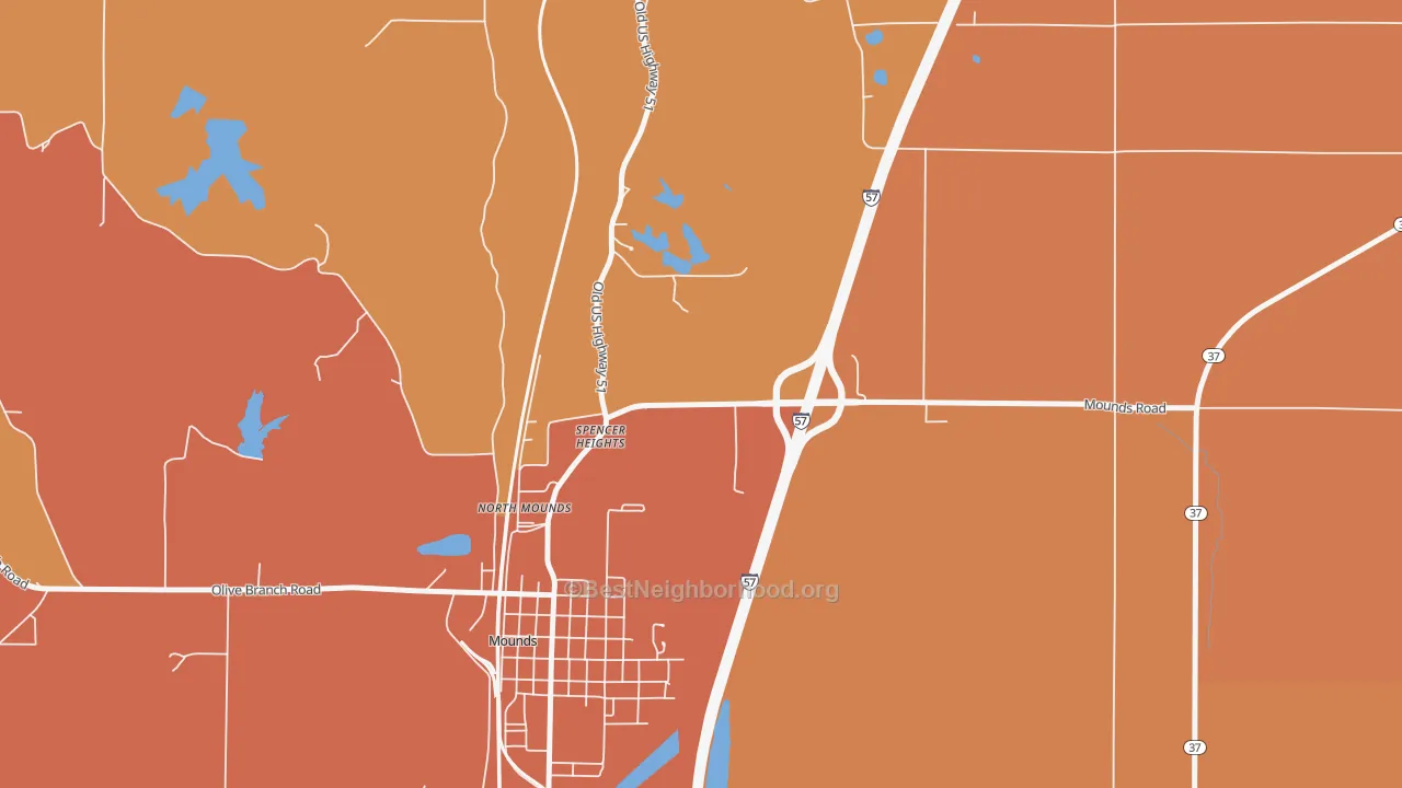 Map of the best neighborhoods in the Spencer Heights area, with better matches in green and worse matches in red
