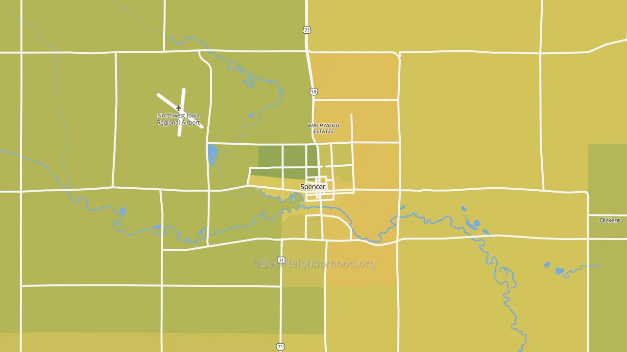 Map of the best neighborhoods in the Spencer area, with better matches in green and worse matches in red
