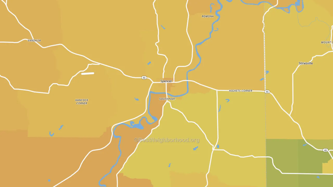 Map of the best neighborhoods in the Spencer area, with better matches in green and worse matches in red