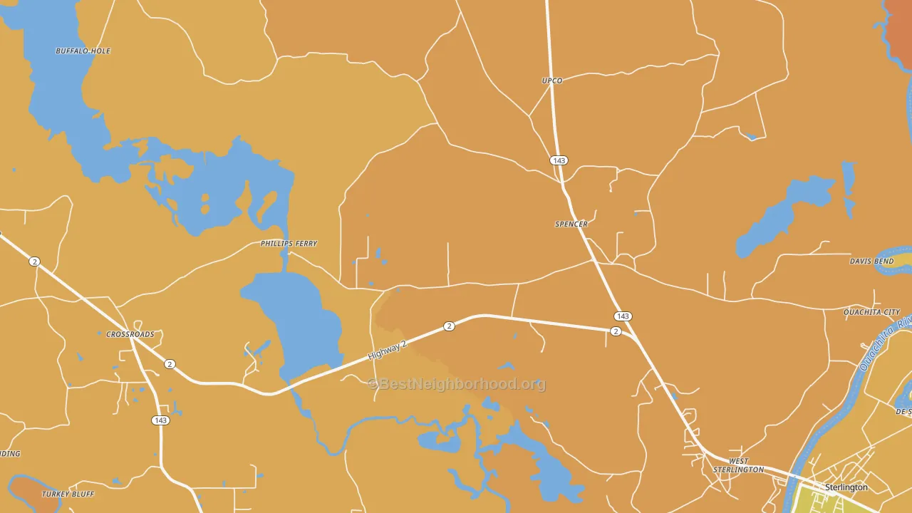 Map of the best neighborhoods in the Spencer area, with better matches in green and worse matches in red