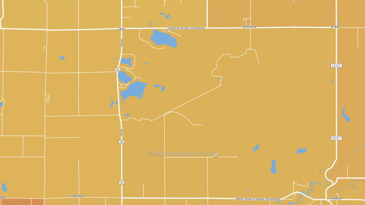 Map of the best neighborhoods in the Spencer area, with better matches in green and worse matches in red
