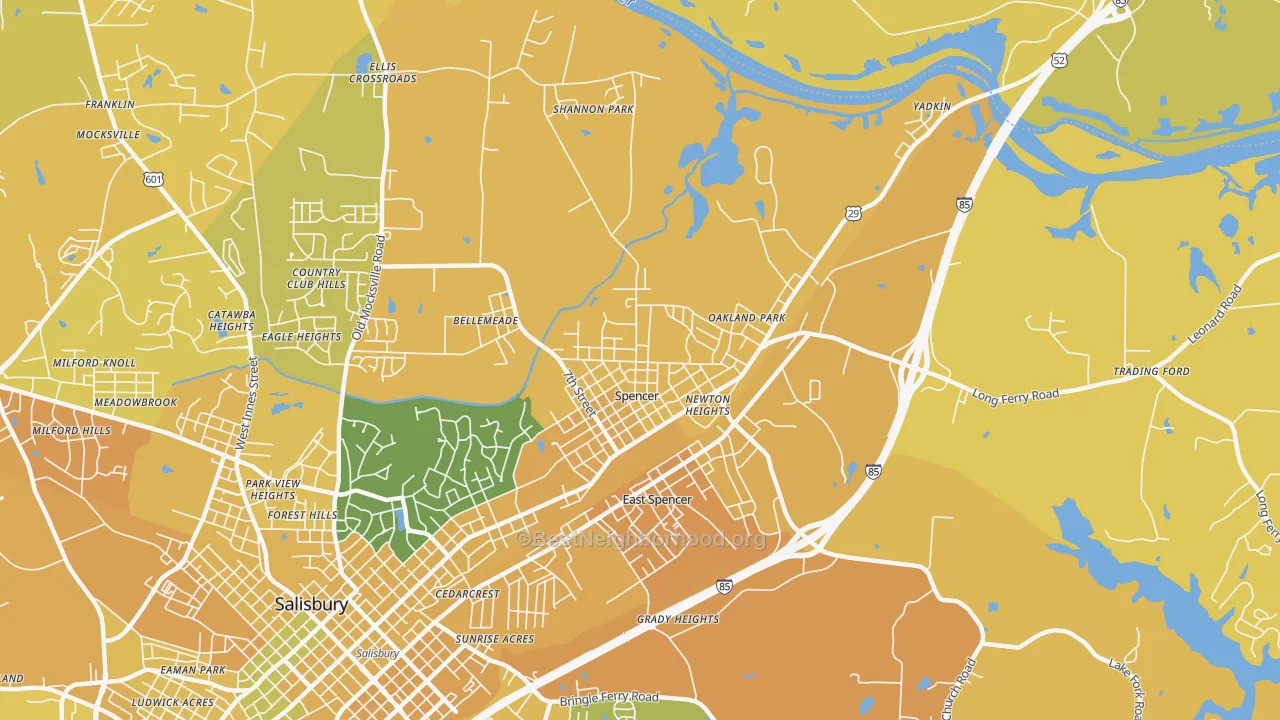 Map of the best neighborhoods in the Spencer area, with better matches in green and worse matches in red
