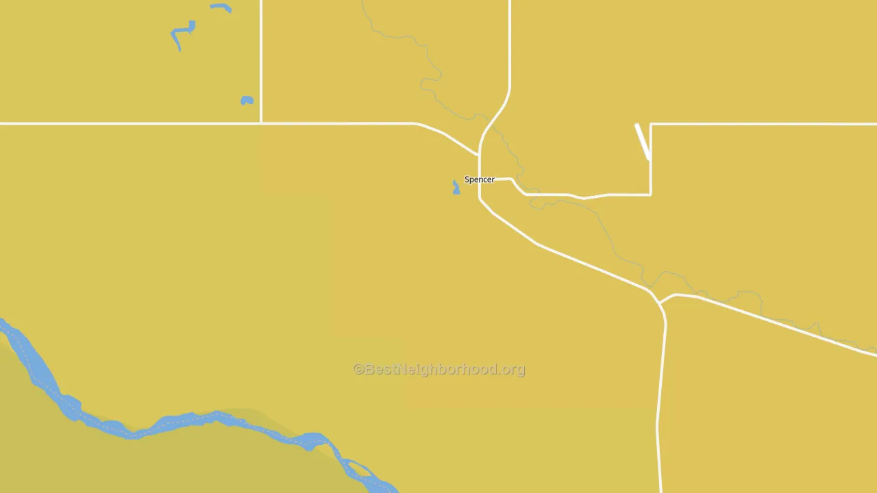Map of the best neighborhoods in the Spencer area, with better matches in green and worse matches in red