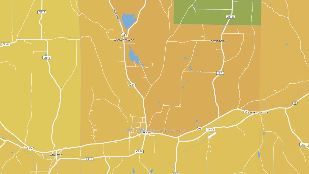 Map of the best neighborhoods in the Spencer area, with better matches in green and worse matches in red