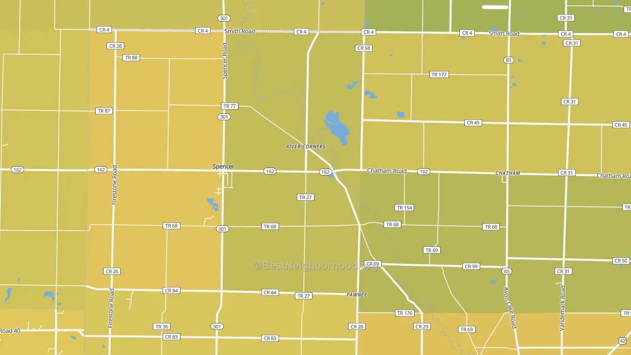 Map of the best neighborhoods in the Spencer area, with better matches in green and worse matches in red