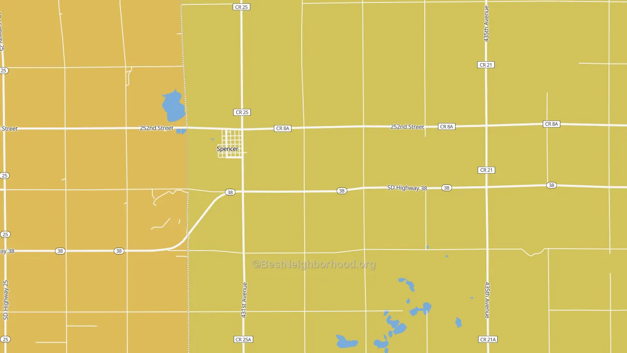 Map of the best neighborhoods in the Spencer area, with better matches in green and worse matches in red