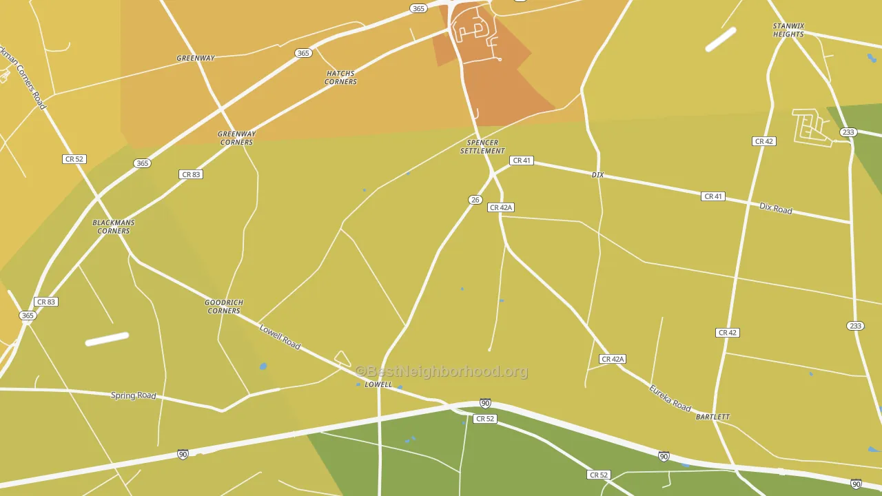 Map of the best neighborhoods in the Spencer Settlement area, with better matches in green and worse matches in red