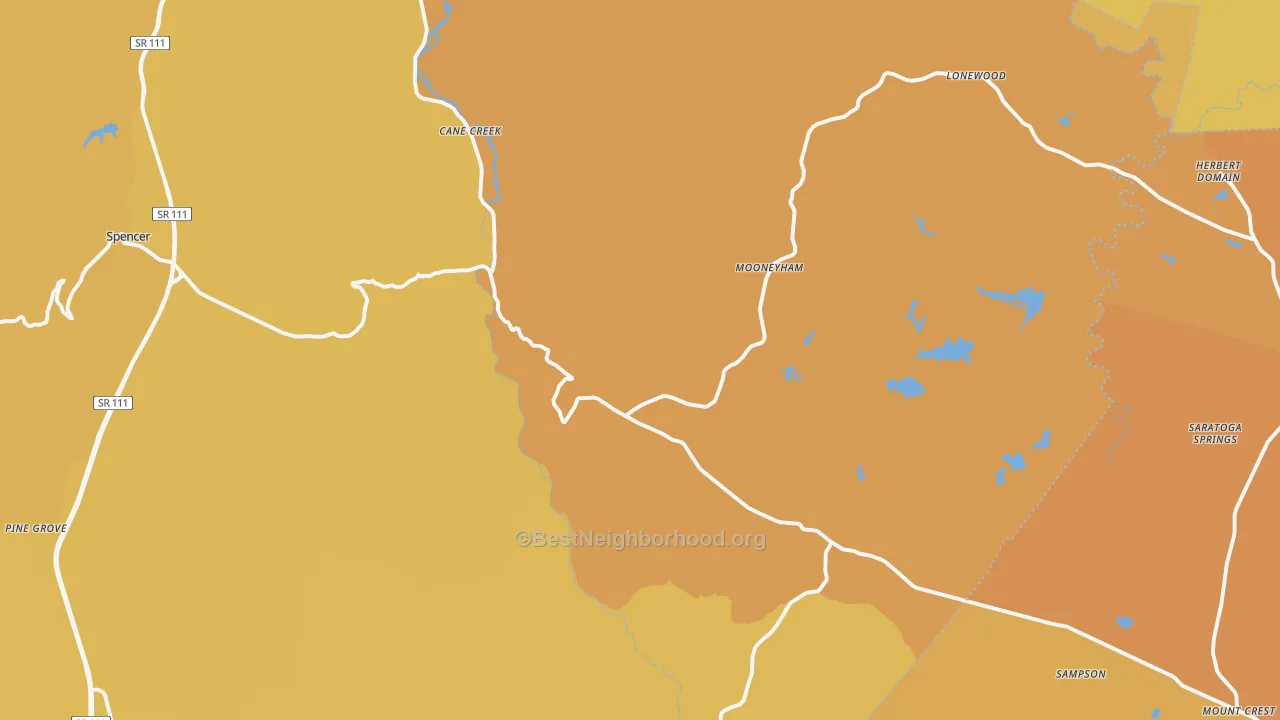 Map of the best neighborhoods in the Spencer area, with better matches in green and worse matches in red