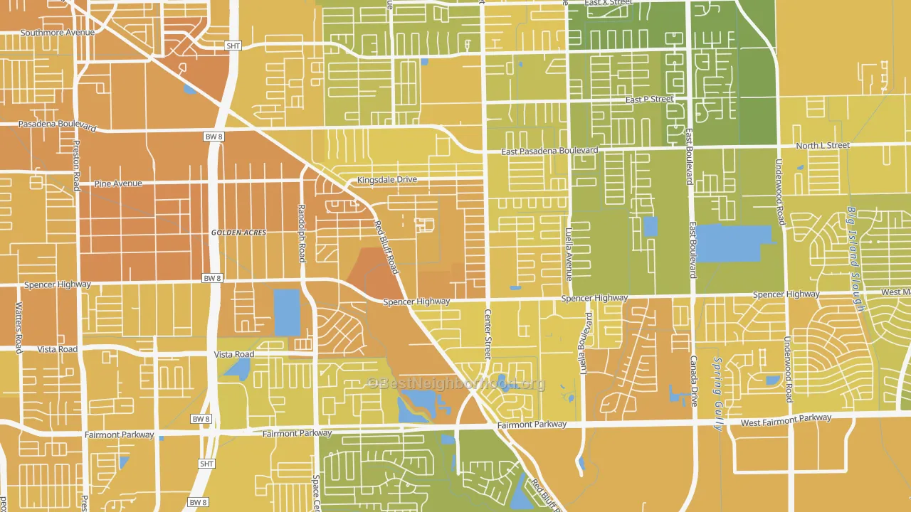 Map of the best neighborhoods in the Spencer View Terrace, Deer Park area, with better matches in green and worse matches in red