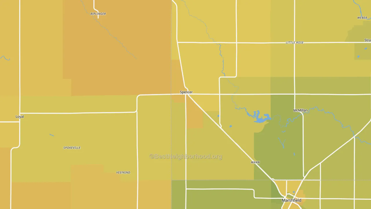 Map of the best neighborhoods in the Spencer area, with better matches in green and worse matches in red