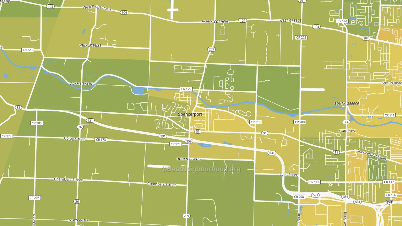 Map of the best neighborhoods in the Spencerport area, with better matches in green and worse matches in red