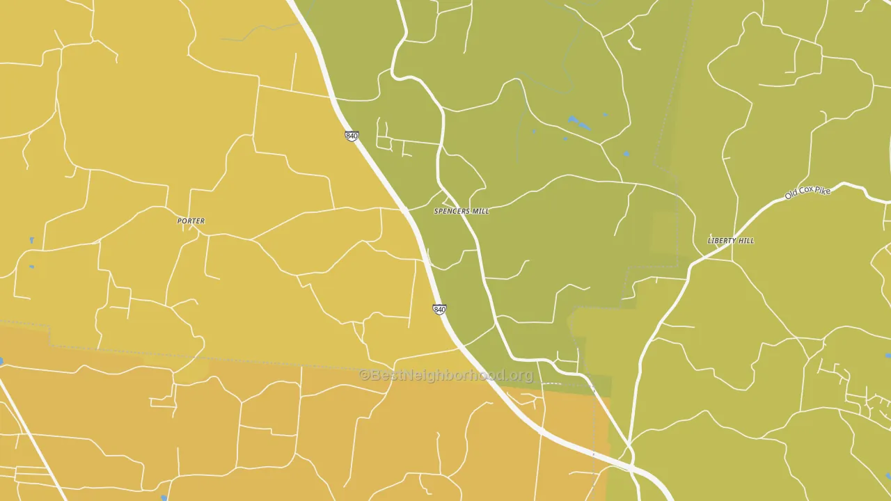 Map of the best neighborhoods in the Spencers Mill area, with better matches in green and worse matches in red