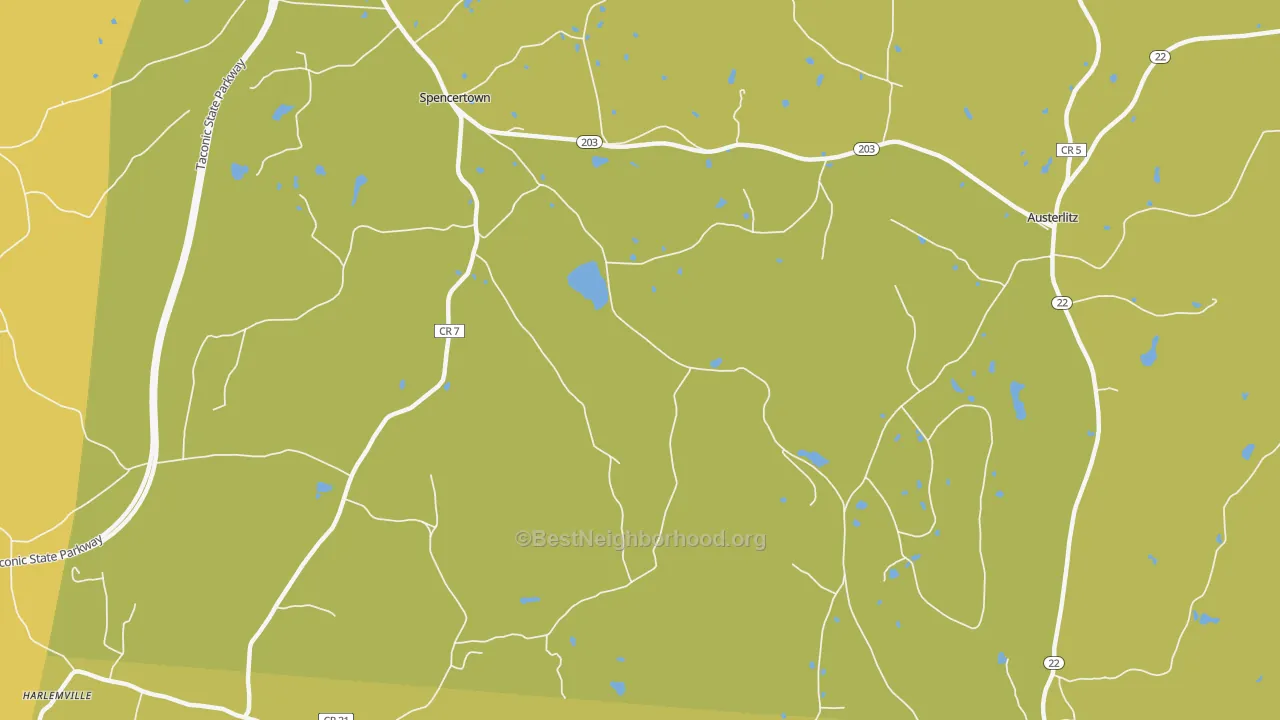 Map of the best neighborhoods in the Spencertown area, with better matches in green and worse matches in red