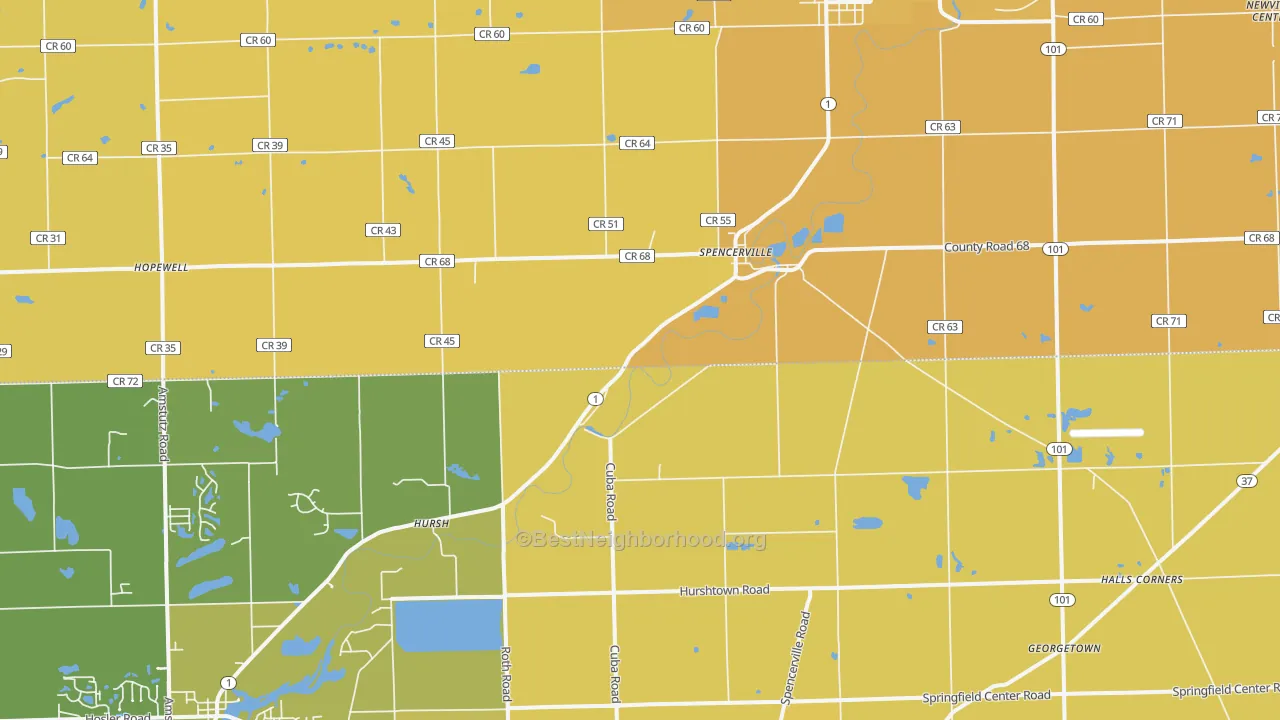Map of the best neighborhoods in the Spencerville area, with better matches in green and worse matches in red