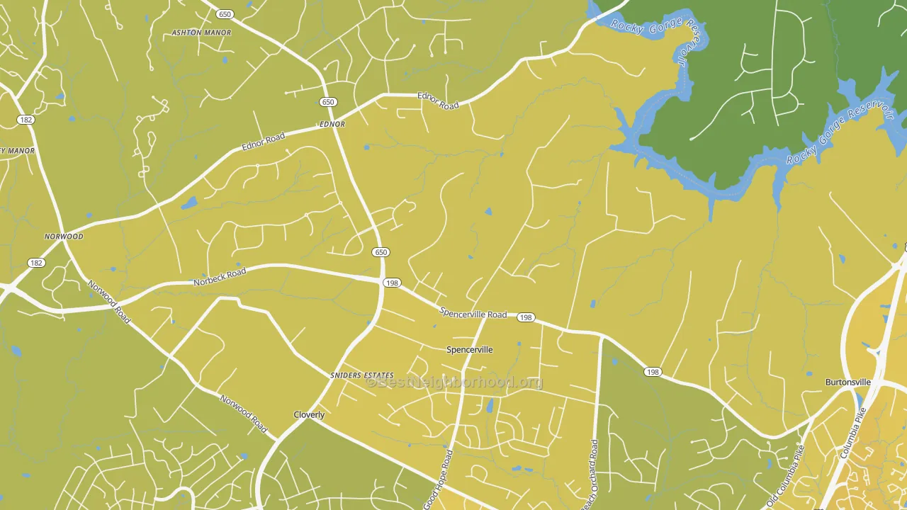 Map of the best neighborhoods in the Spencerville area, with better matches in green and worse matches in red