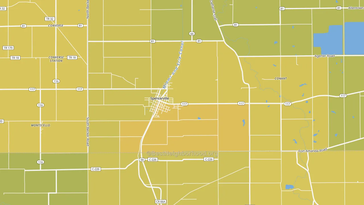 Map of the best neighborhoods in the Spencerville area, with better matches in green and worse matches in red