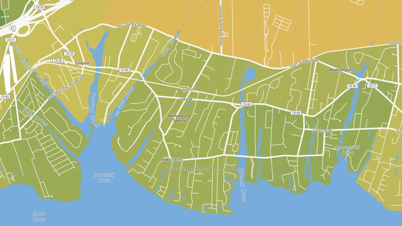 Map of the best neighborhoods in the Speonk area, with better matches in green and worse matches in red