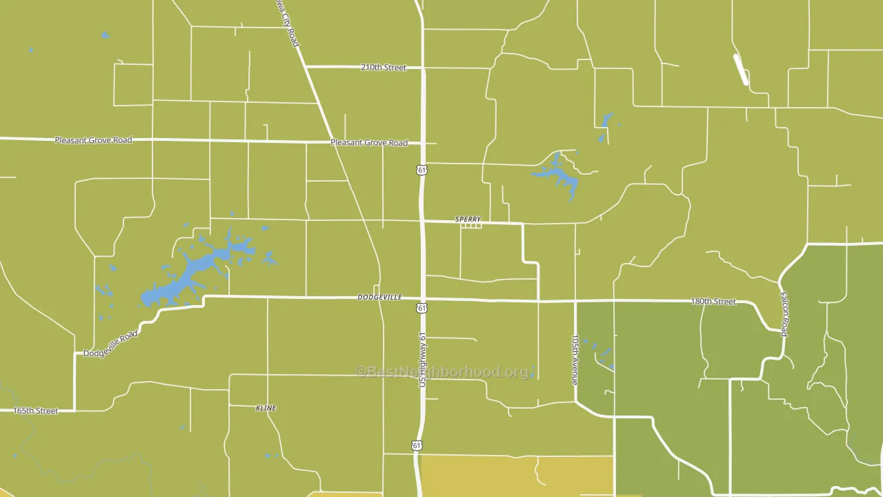 Map of the best neighborhoods in the Sperry area, with better matches in green and worse matches in red