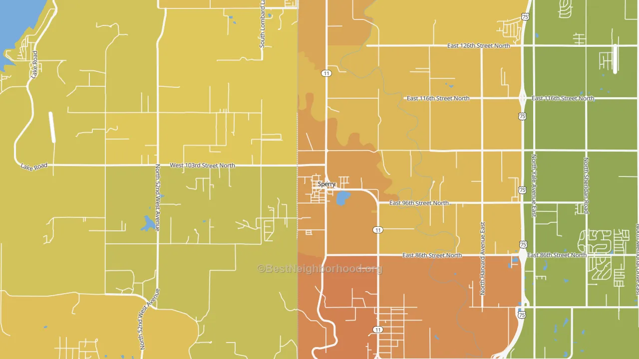 Map of the best neighborhoods in the Sperry area, with better matches in green and worse matches in red