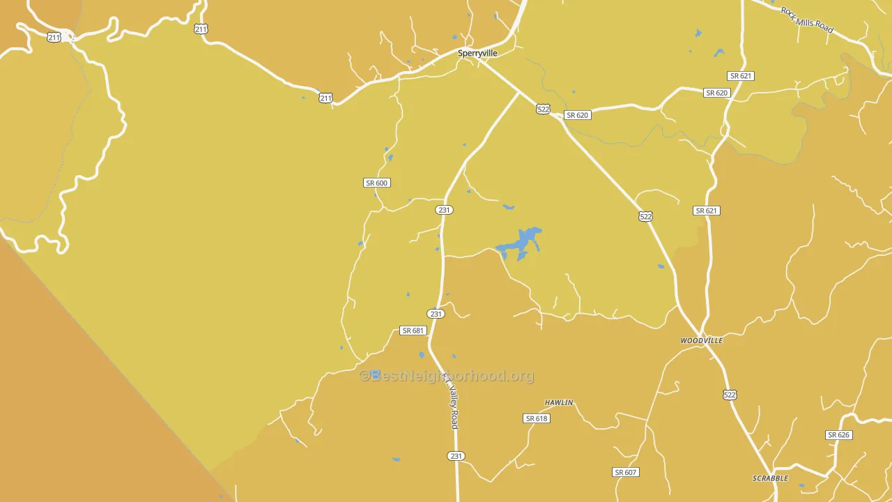 Map of the best neighborhoods in the Sperryville area, with better matches in green and worse matches in red