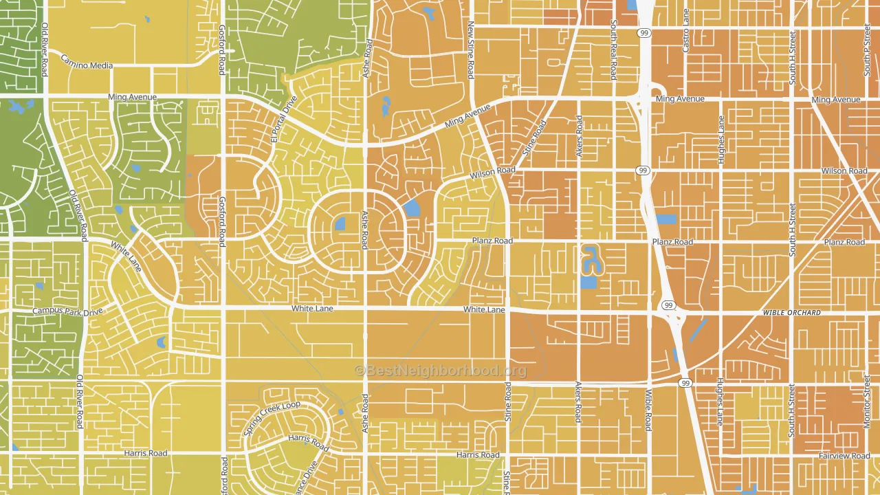 Map of the best neighborhoods in the Spice Tract, Bakersfield area, with better matches in green and worse matches in red