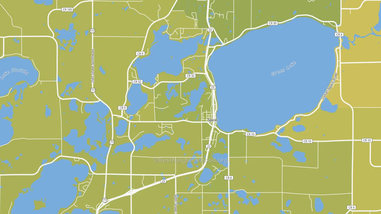 Map of the best neighborhoods in the Spicer area, with better matches in green and worse matches in red