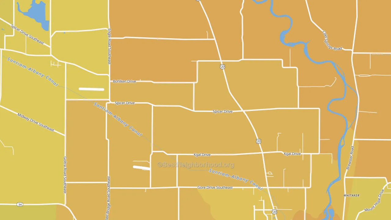 Map of the best neighborhoods in the Spicer area, with better matches in green and worse matches in red