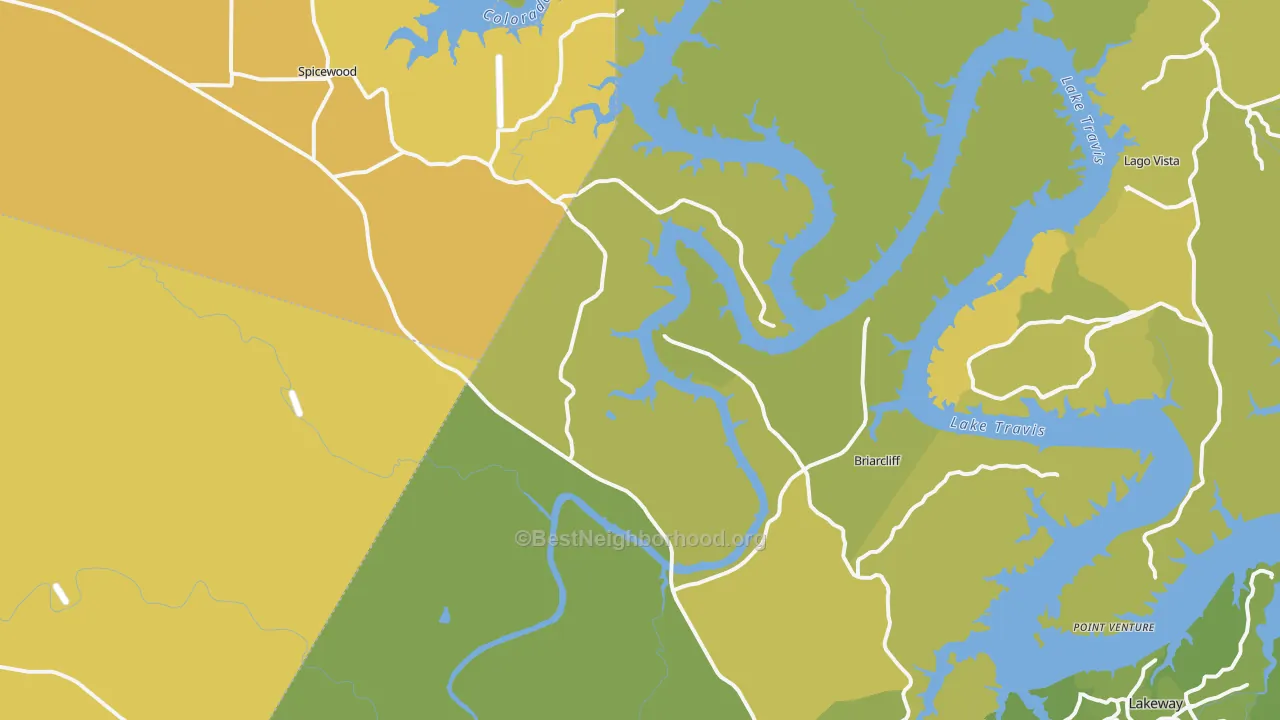 Map of the best neighborhoods in the Spicewood area, with better matches in green and worse matches in red