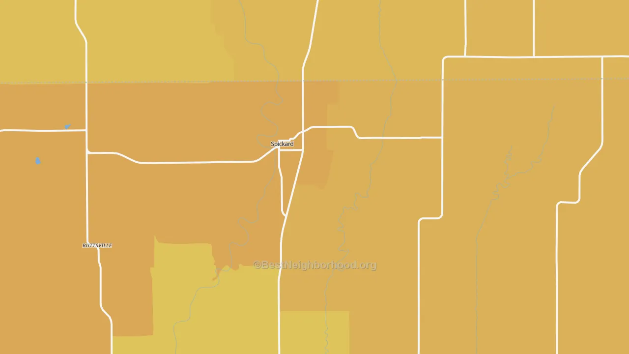 Map of the best neighborhoods in the Spickard area, with better matches in green and worse matches in red