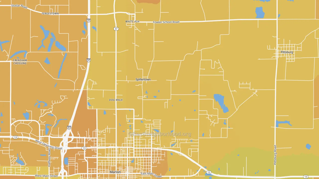 Map of the best neighborhoods in the Spillertown area, with better matches in green and worse matches in red