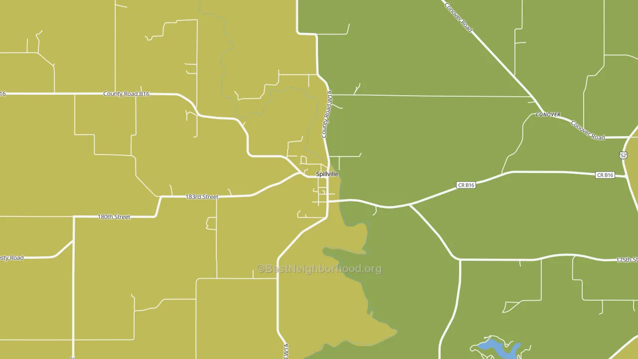 Map of the best neighborhoods in the Spillville area, with better matches in green and worse matches in red